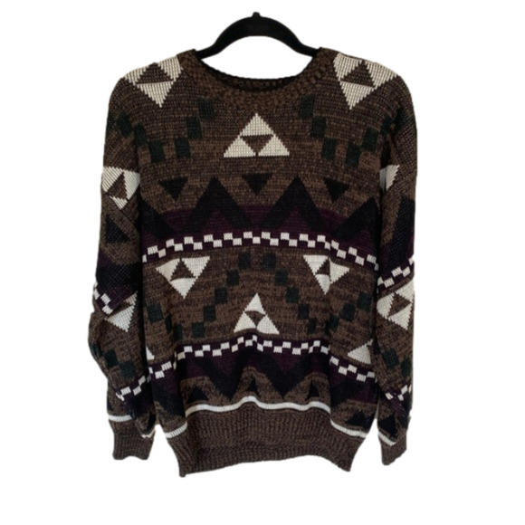 Geometric Pattern Crewneck Sweater - Brown and White - Picture 1 of 8